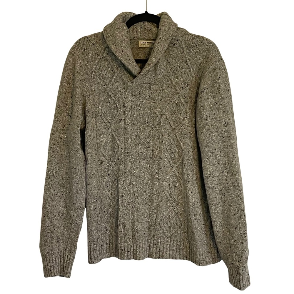 Luca Nobili Mens Grey Wool Blend Cable Knit Shawl Collar Sweater Made in Italy L